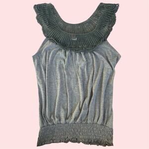 Y2K Agenda Whimsygoth Crochet Ruffle Gray Sleeveless Top Ruched Waist